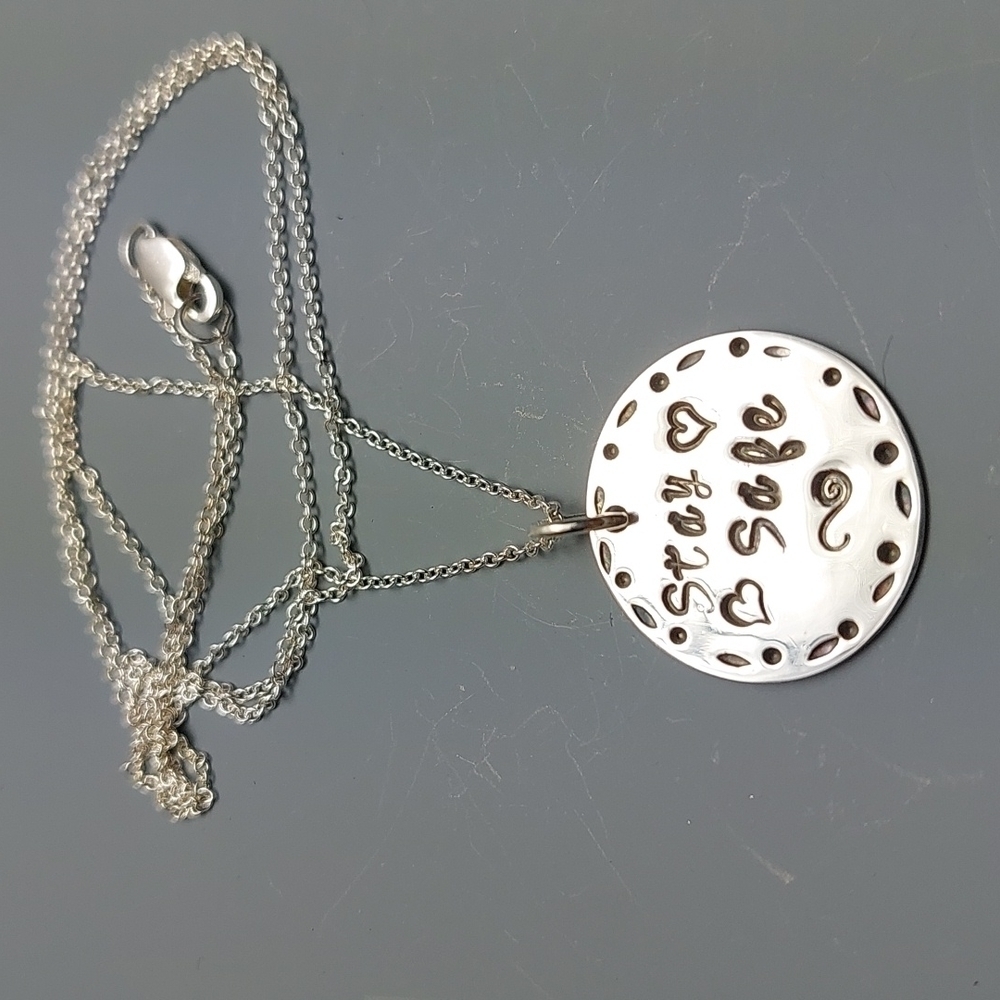 Sterling Silver "Stay Safe" Round Pendant With Chain